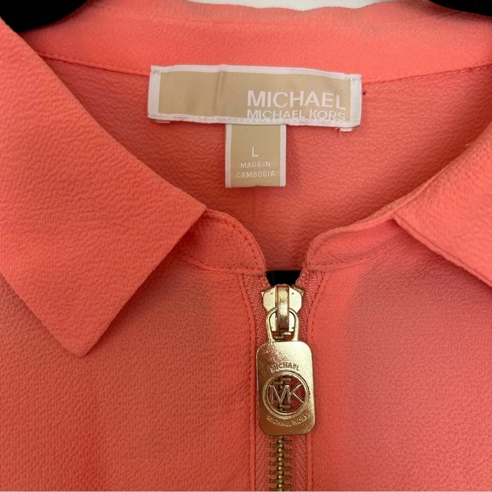 Michael Kors Grapefruit Pink Balloon Sleeve Zip Popover Blouse Business Casual L